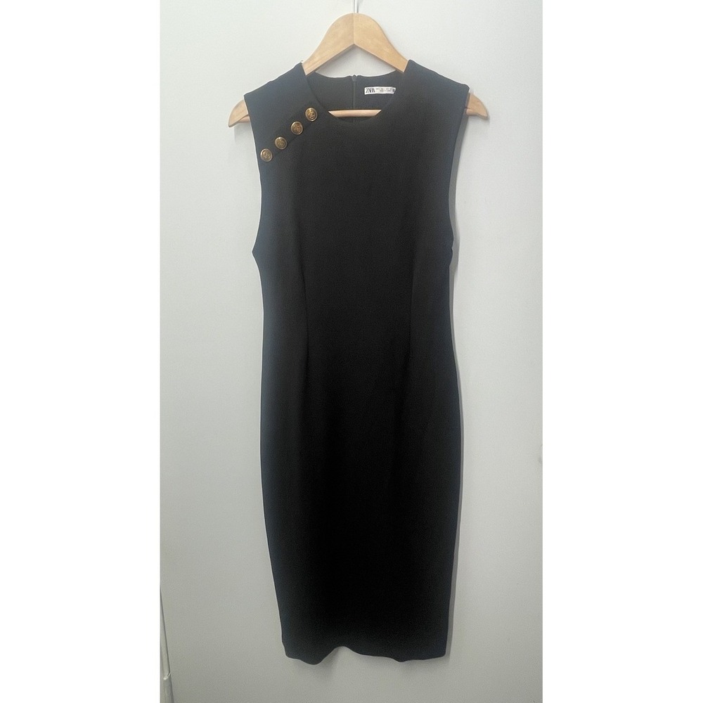 Zara Black Gold Button Midi Dress Womens Size Large Bodycon Dress - Picture 3 of 10